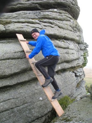 Jeff Parr and home-made ladder on Great Links Tor