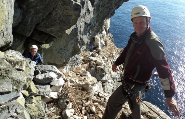 Michael Earnshaw (left) and Alan Whatley on some rocks Stac Lee (photo: Bob Kerr)