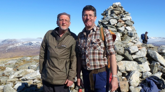 Martin Richardson, Jonathan Woods and a large cairn (photo: Alan Dawson)