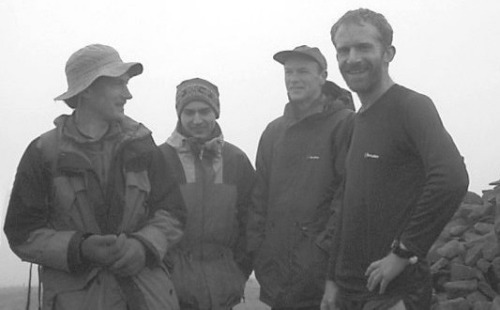 Rob Woodall (right) reaches 1000 on Cairnkinna Hill in 1999, with Ronald Turnbull, Chris Upson and Alan Dawson (photo: Richard Webb)